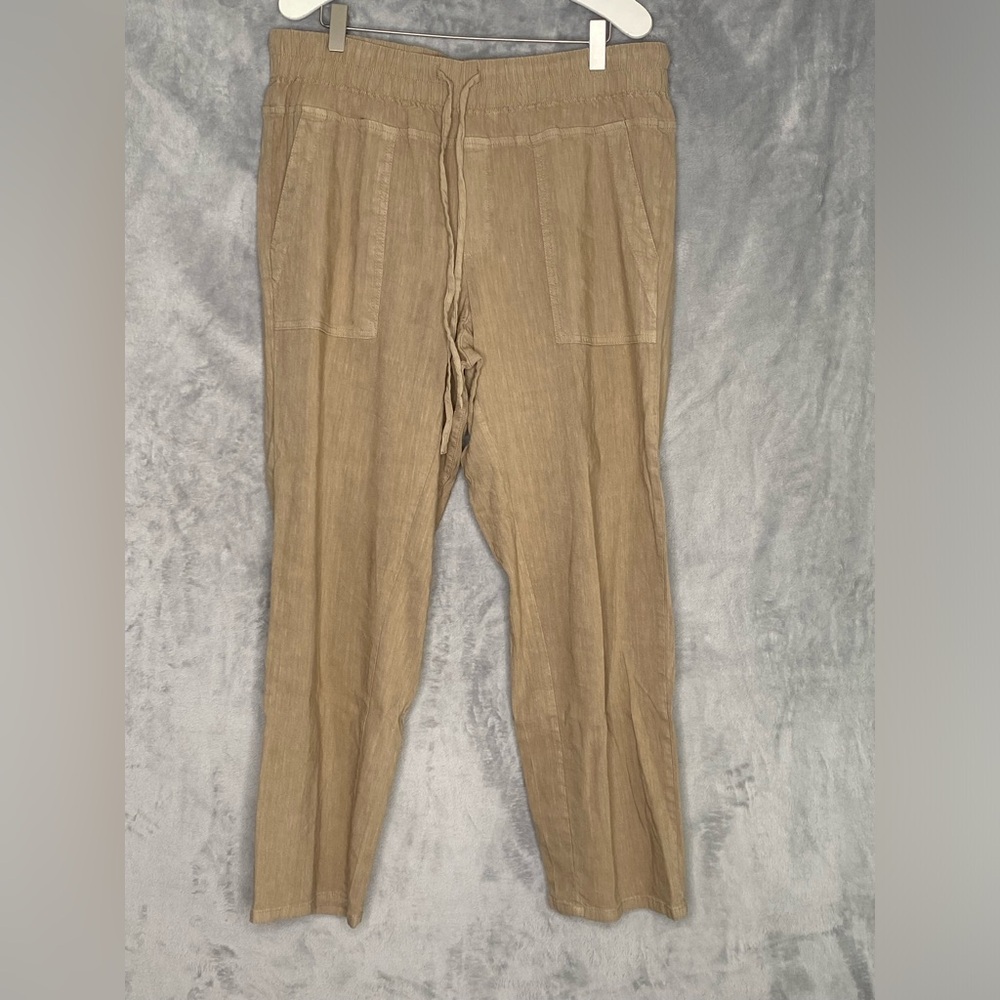 Kut From the Kloth Women's Sz L Pants Linen Blend Straight Leg Mid Rise Tan